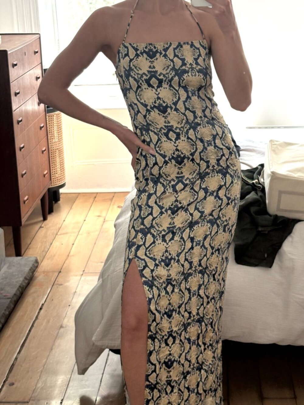 Ganni Snake Printed Crinkled Satin Midi Slip Dress
